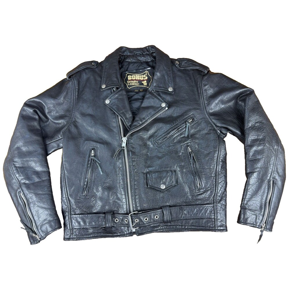 Vintage BONUS Genuine Black Leather Quilted Motorcycle Biker Riding Jacket 44